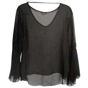 Black Chiffon Bell Sleeve Blouse with Lace Detail